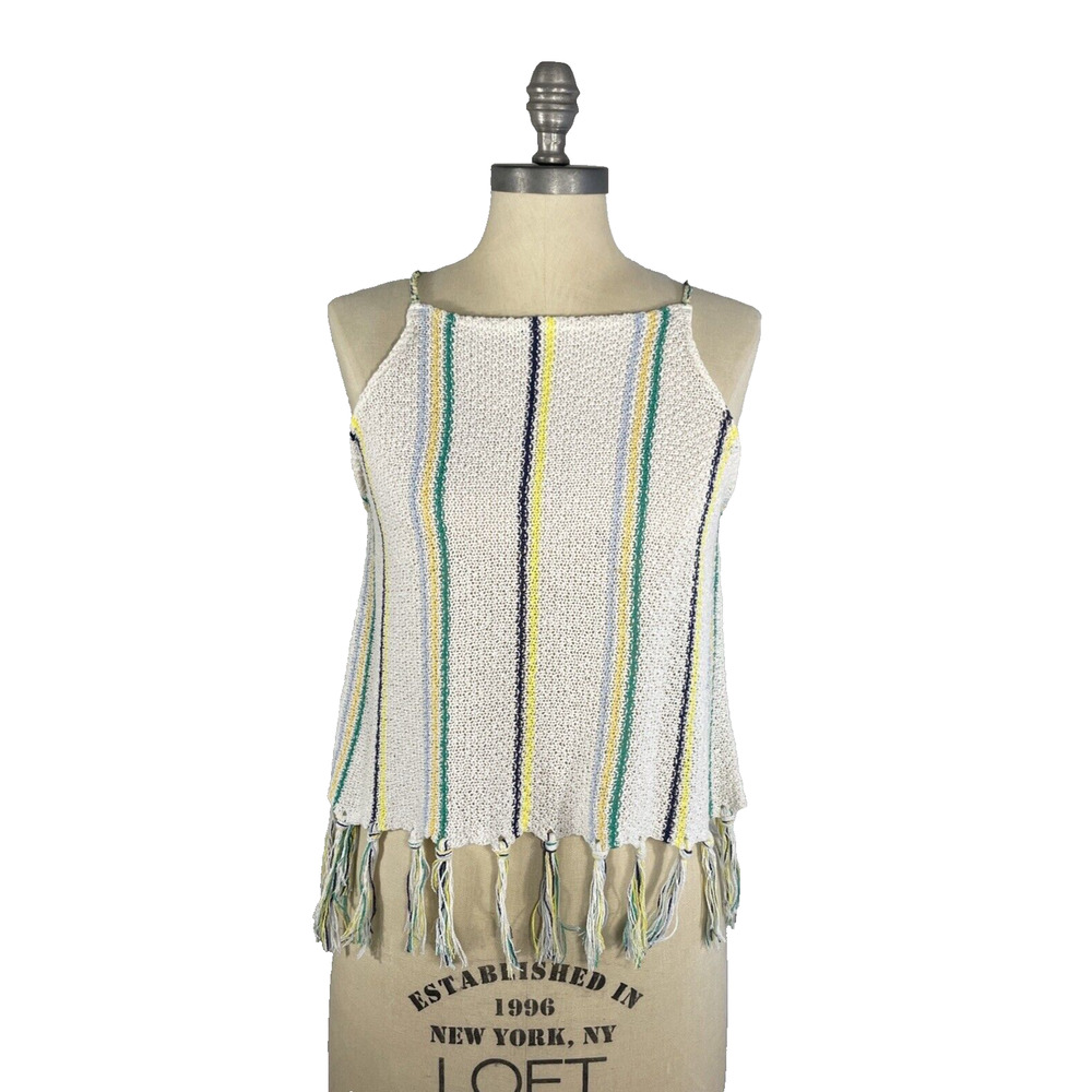 Cupcakes and Cashmere Cecille Striped Crochet Tank Top Tassel Hem Womens Size S